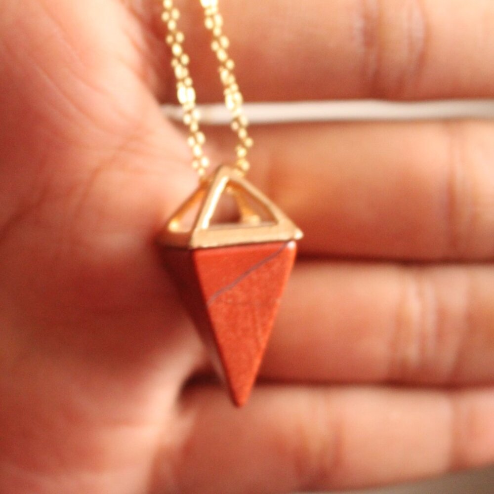 Red Jasper Triangle Stone Pendant Necklace – Gold Accent Chain - Picture 5 of 5
